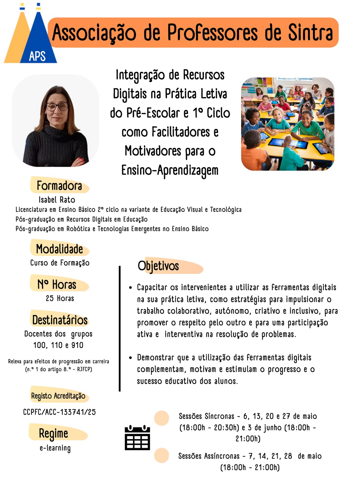 Cartaz da ação de formação Integração de Recursos Digitais na Prática Letiva do Pré-Escolar e 1.º Ciclo